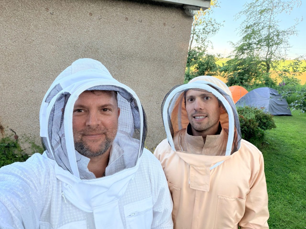 Warrick and Byron suited up in the apiary